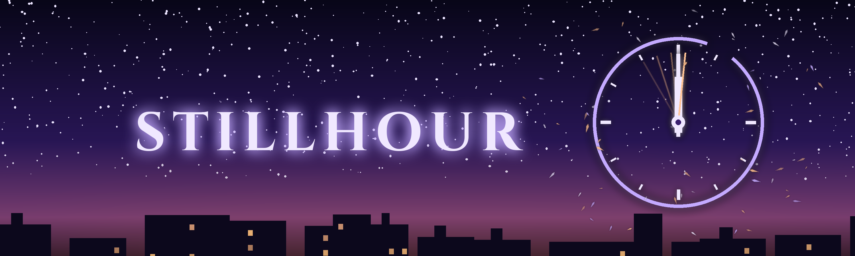 Stillhour: a stopped clock over a city at midnight